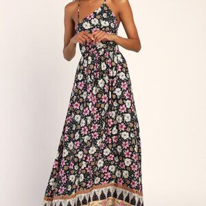 Lulus Bohemian Bliss Black Floral Asymmetrical Backless Maxi Dress - Size M